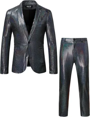 Men's 70s Disco 2 Piece Set Stretchy Shiny Suits Sequin Jacket and Pants