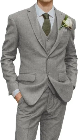 Mens Suit Slim Fit Tweed Herringbone Suit for Men Wool Blend Blazer Vest Pants Tuxedo Set