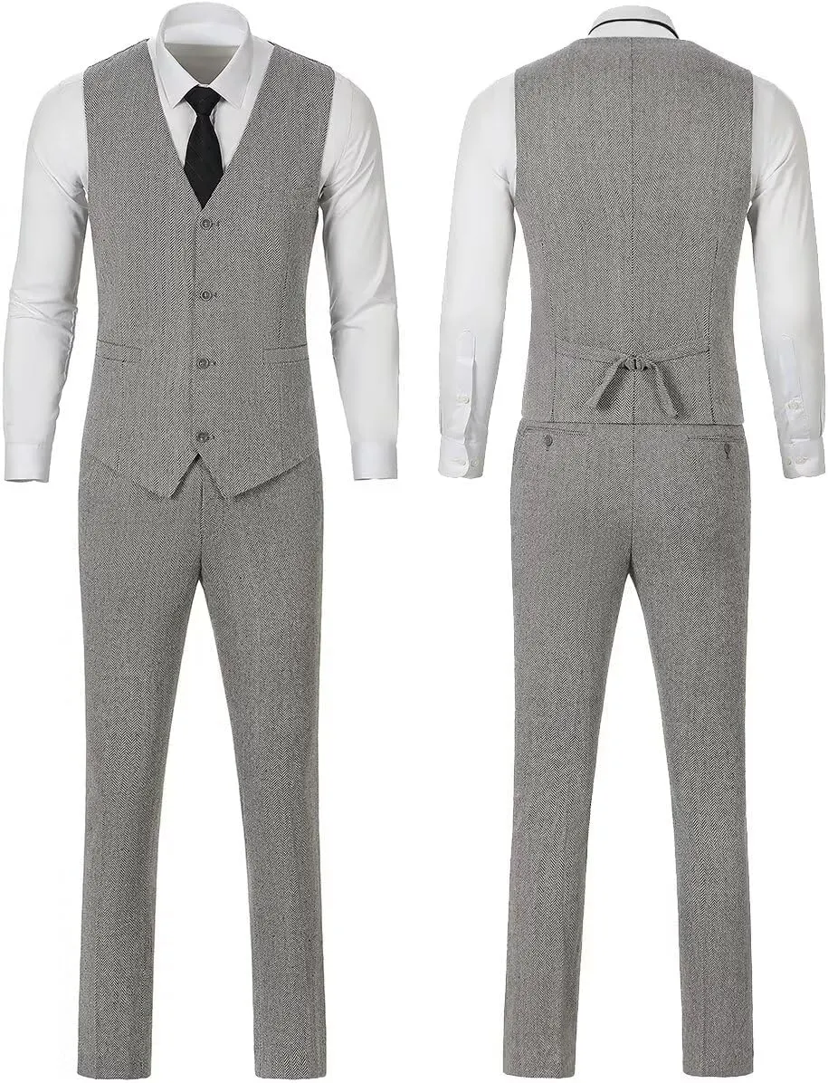 Mens Suit Slim Fit Tweed Herringbone Suit for Men Wool Blend Blazer Vest Pants Tuxedo Set