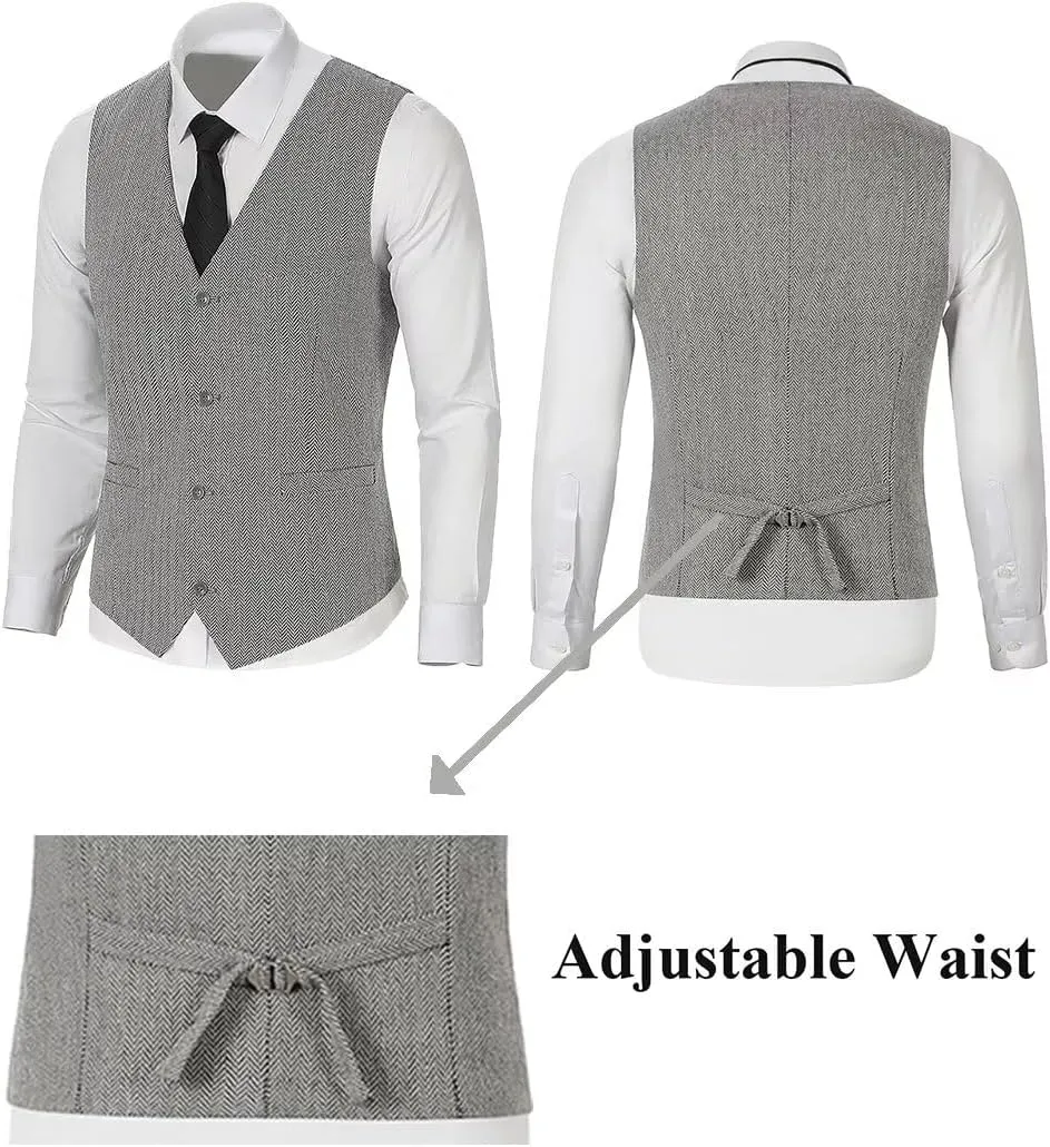 Mens Suit Slim Fit Tweed Herringbone Suit for Men Wool Blend Blazer Vest Pants Tuxedo Set