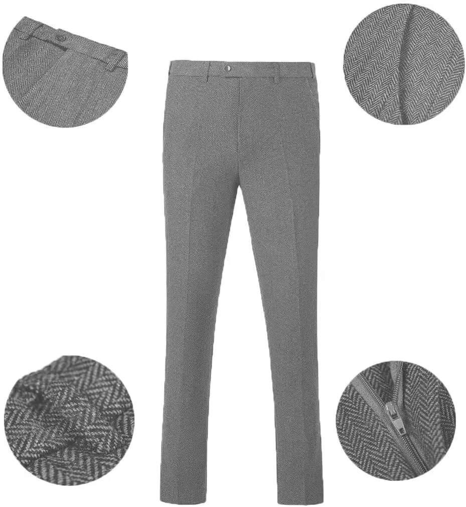 Mens Suit Slim Fit Tweed Herringbone Suit for Men Wool Blend Blazer Vest Pants Tuxedo Set
