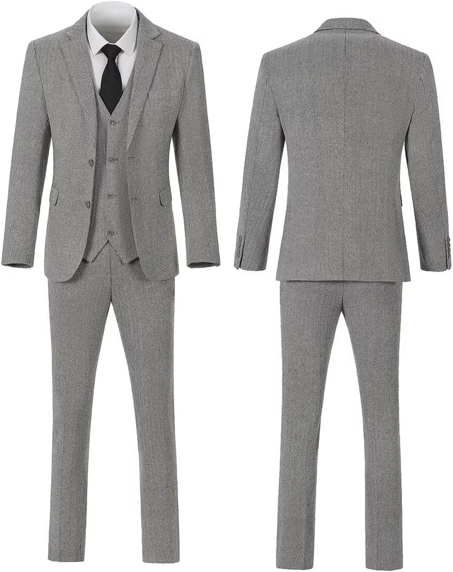 Mens Suit Slim Fit Tweed Herringbone Suit for Men Wool Blend Blazer Vest Pants Tuxedo Set