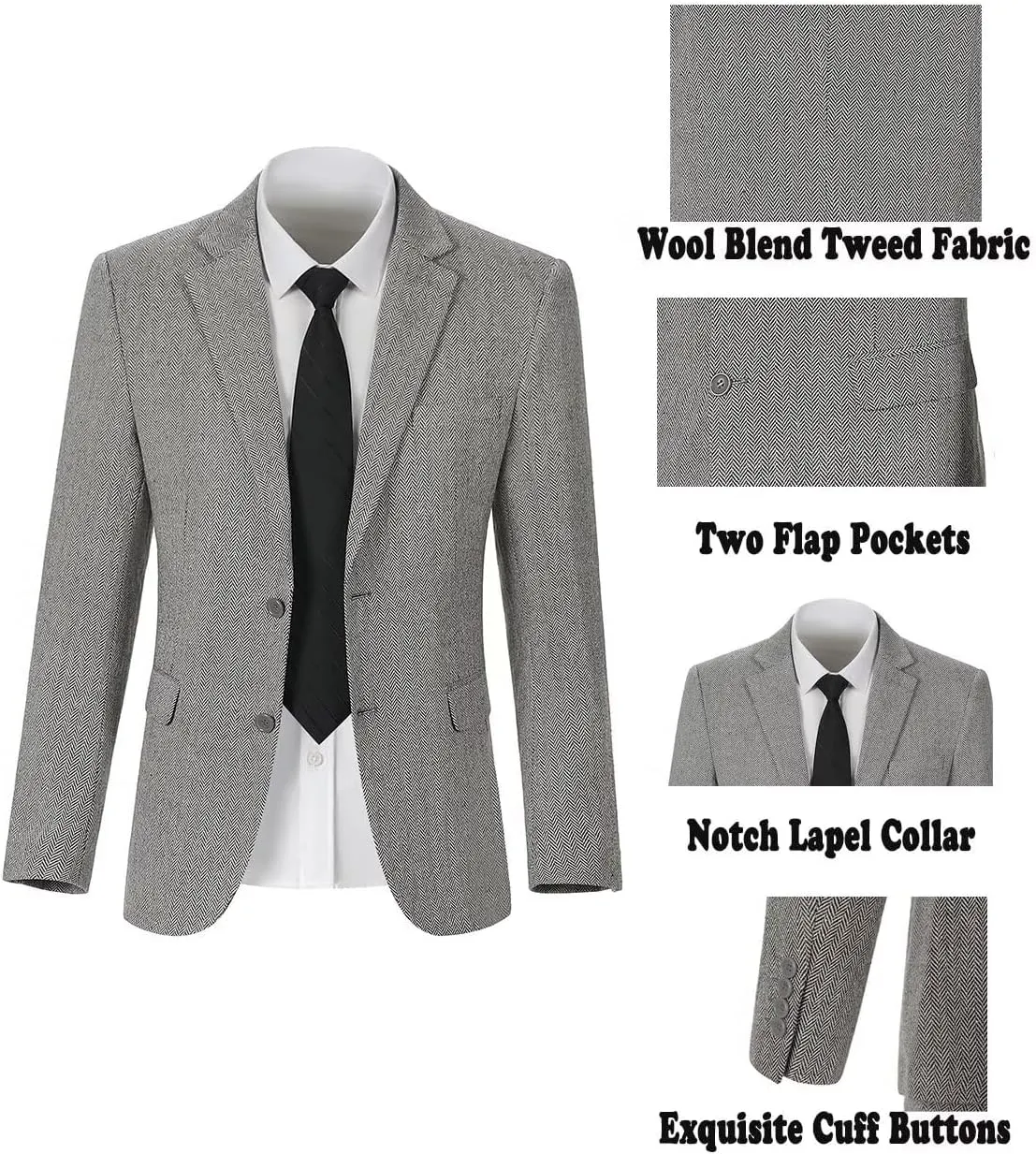Mens Suit Slim Fit Tweed Herringbone Suit for Men Wool Blend Blazer Vest Pants Tuxedo Set