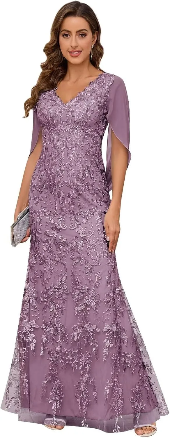 Mermaid Lace Mother of The Bride Dresses for Wedding V Neck Floor Length Formal Evening Gowns with Cape Sleeves