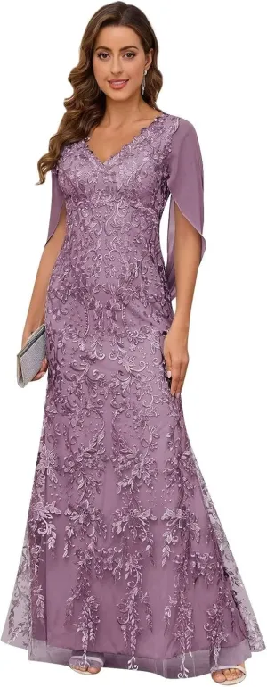 Mermaid Lace Mother of The Bride Dresses for Wedding V Neck Floor Length Formal Evening Gowns with Cape Sleeves