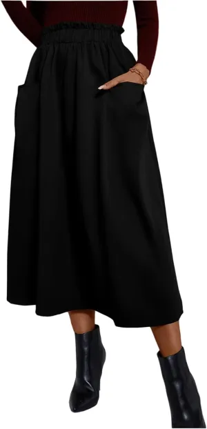 Midi Skirts for Women Aline Pleated Elegant High Waist Skirts Boho Flowy Swing Cocktail Summer Skirt with Pockets
