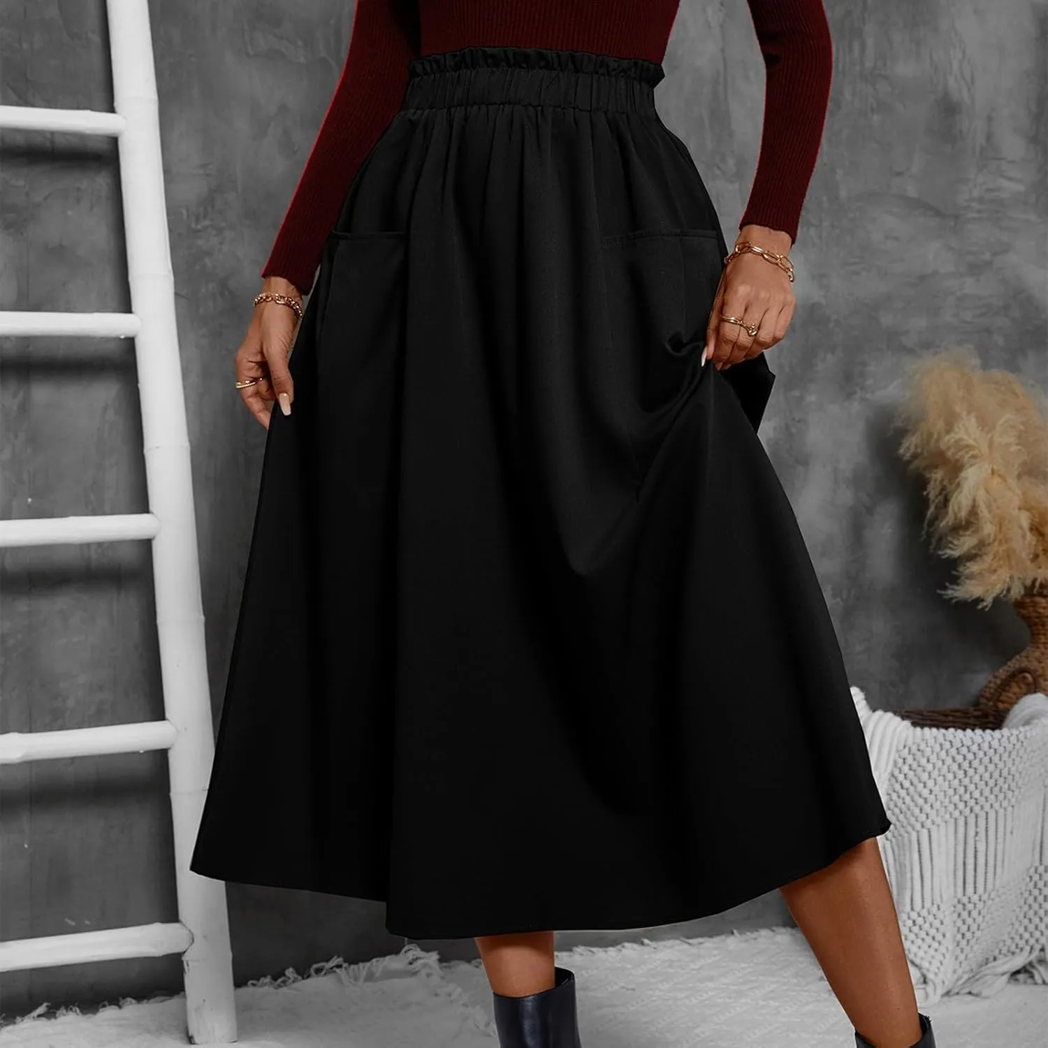 Midi Skirts for Women Aline Pleated Elegant High Waist Skirts Boho Flowy Swing Cocktail Summer Skirt with Pockets