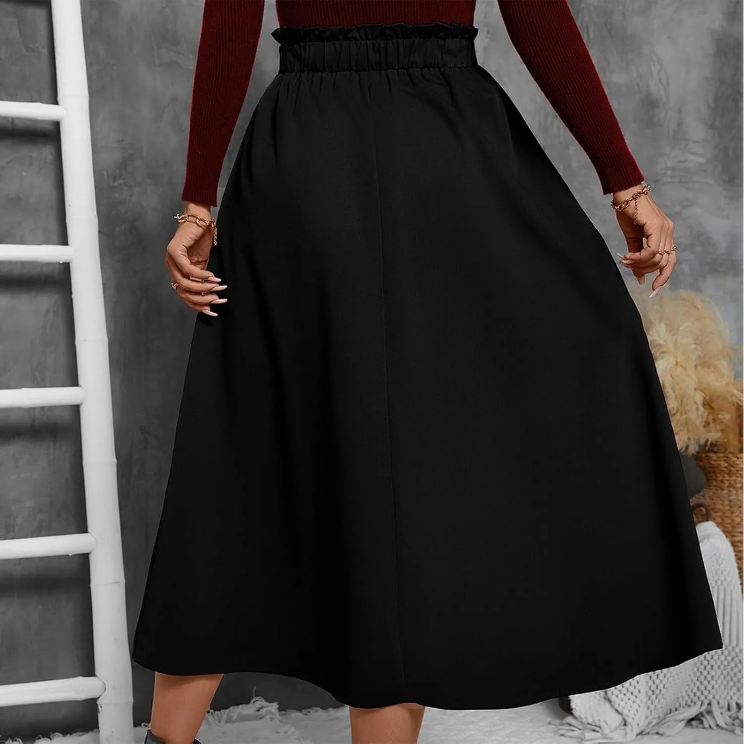 Midi Skirts for Women Aline Pleated Elegant High Waist Skirts Boho Flowy Swing Cocktail Summer Skirt with Pockets