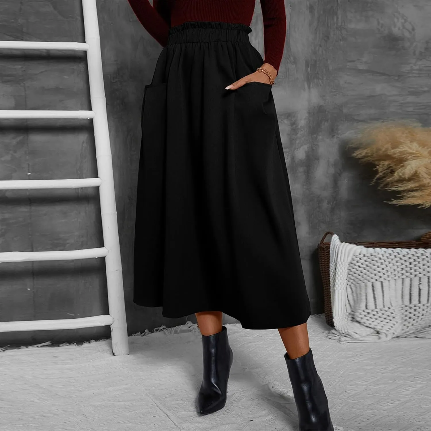 Midi Skirts for Women Aline Pleated Elegant High Waist Skirts Boho Flowy Swing Cocktail Summer Skirt with Pockets