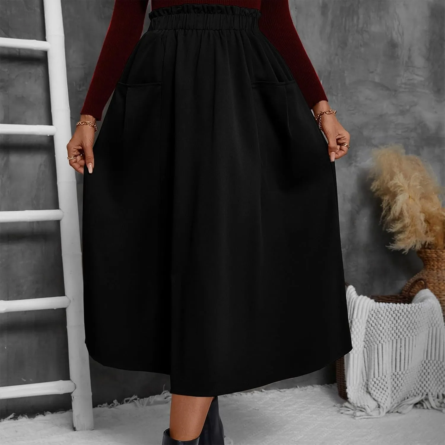 Midi Skirts for Women Aline Pleated Elegant High Waist Skirts Boho Flowy Swing Cocktail Summer Skirt with Pockets