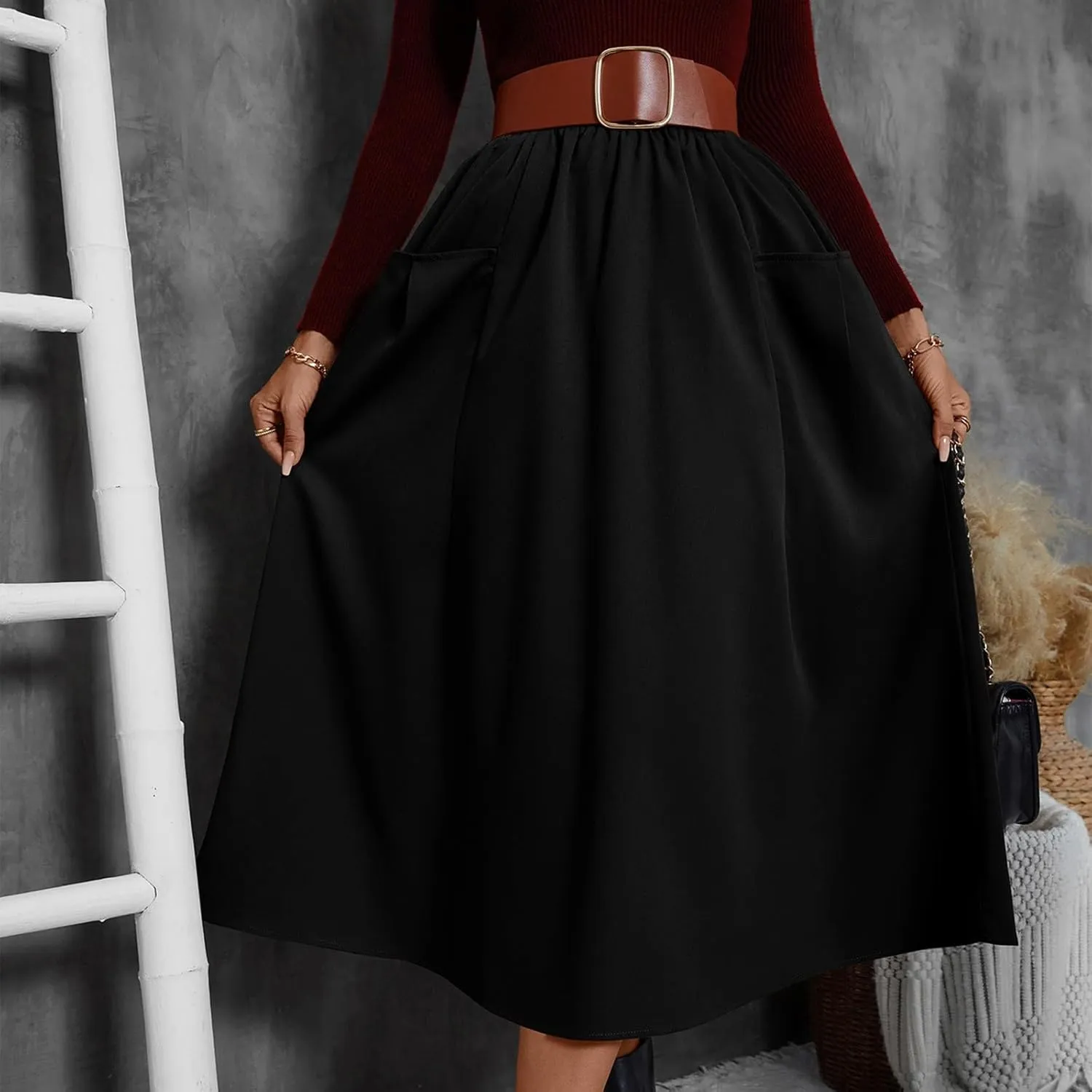 Midi Skirts for Women Aline Pleated Elegant High Waist Skirts Boho Flowy Swing Cocktail Summer Skirt with Pockets