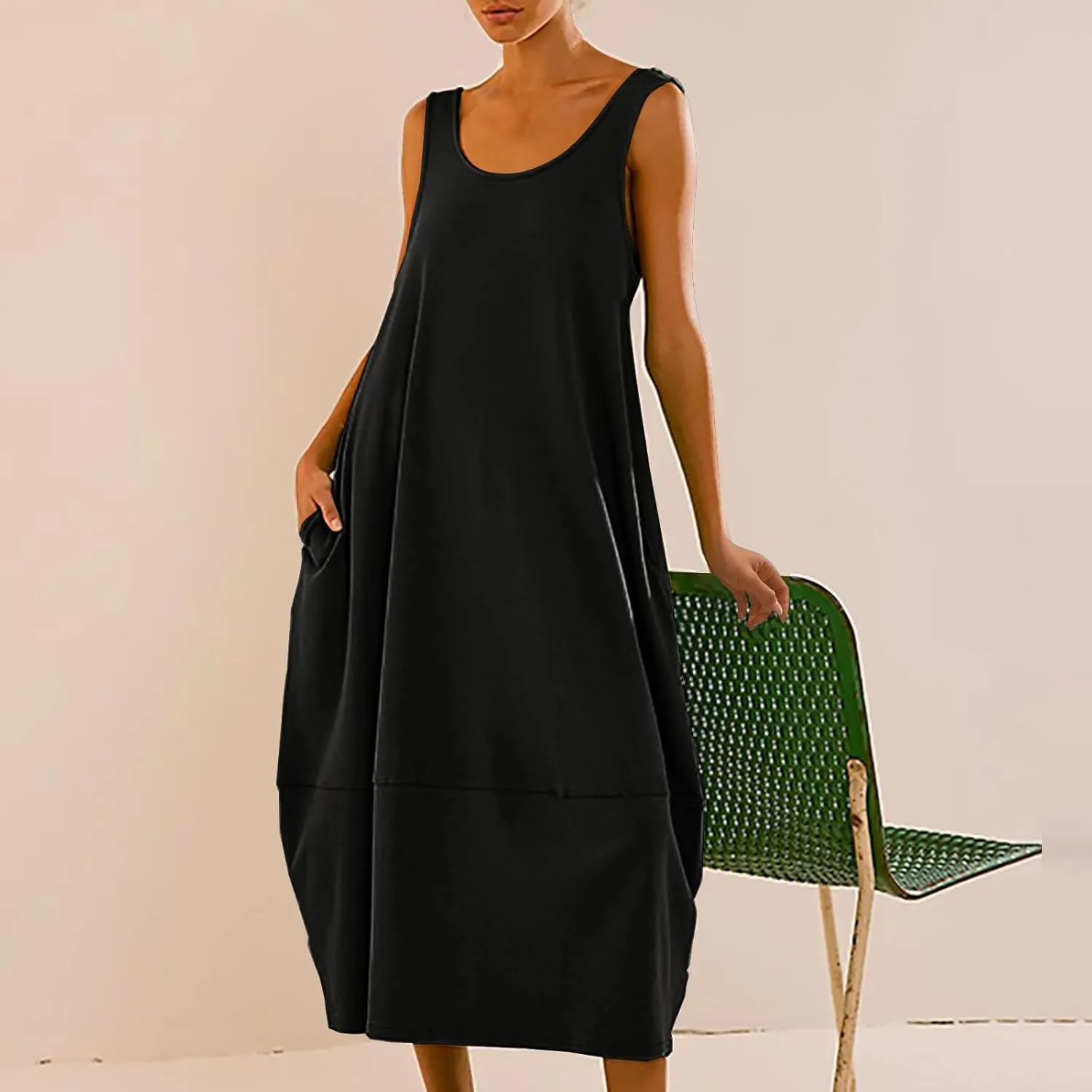 Midi Tank Dress with Pockets for Women Loose Scoop Neck Sleeveless Low Back Tshirt Dress Summer Casual Beach Sundresses