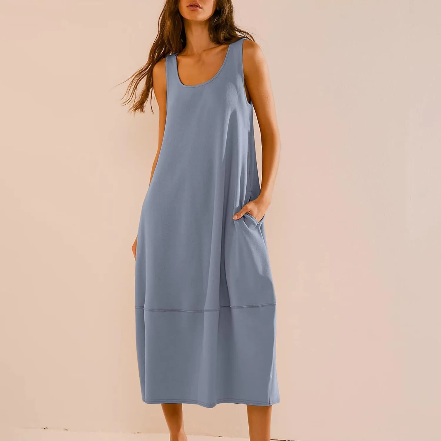 Midi Tank Dress with Pockets for Women Loose Scoop Neck Sleeveless Low Back Tshirt Dress Summer Casual Beach Sundresses