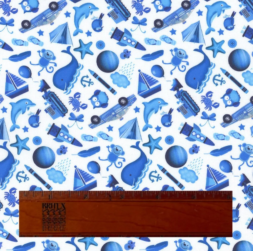 Mini Ultramarine Blue I Spy Creatures & Stuff on White Quilting Cotton