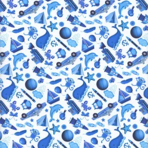 Mini Ultramarine Blue I Spy Creatures & Stuff on White Quilting Cotton