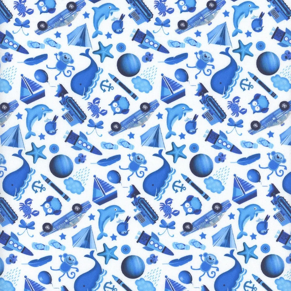 Mini Ultramarine Blue I Spy Creatures & Stuff on White Quilting Cotton