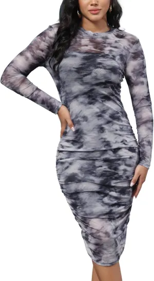 MOEENCN Sexy Long Sleeve Midi Dress for Women Sheer Mesh Printed 2 Piece Skirt Set Crew Neck See Through Bodycon Clubwear