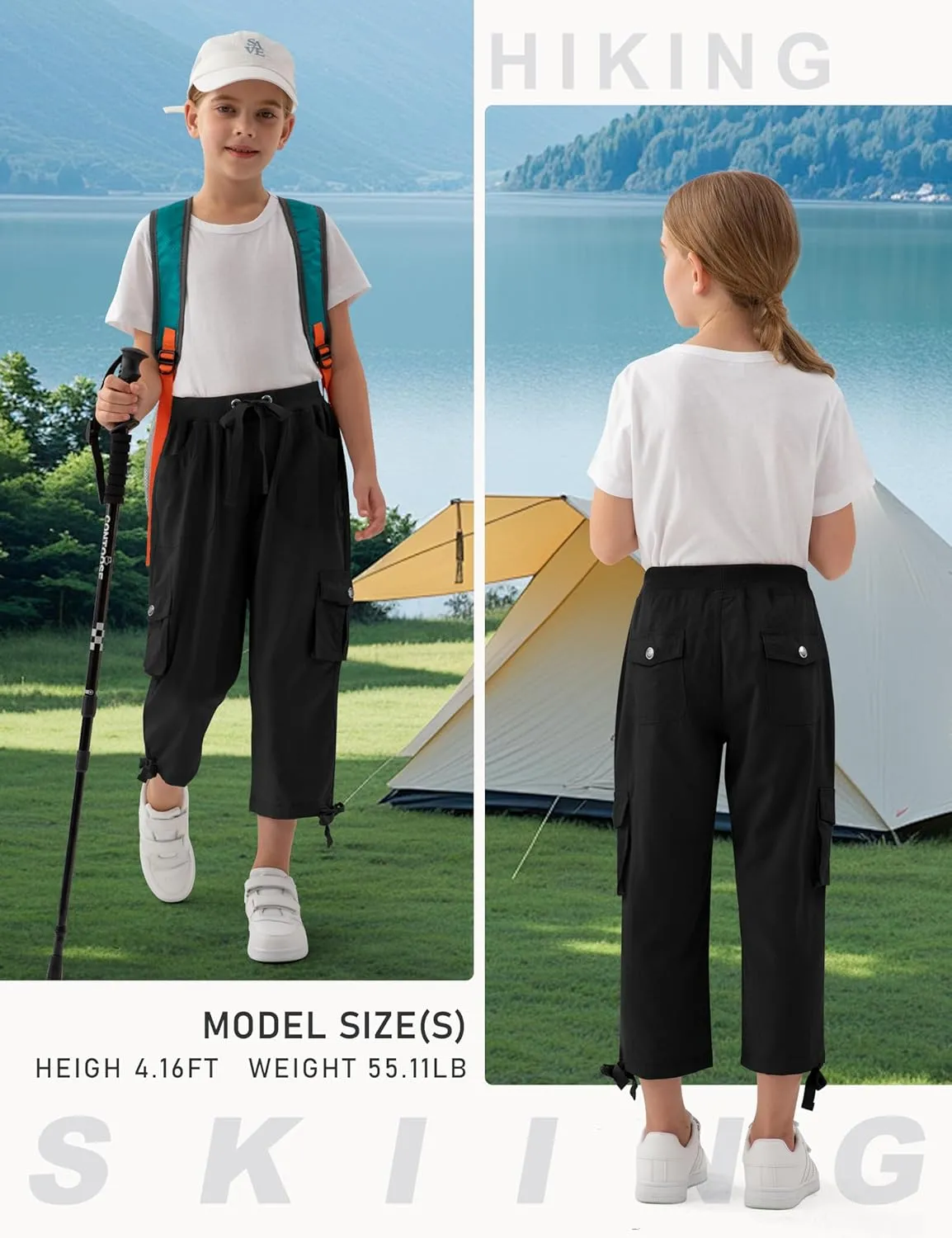 MoFiz Girls Cargo Capris Hiking Pants Lightweight Quick Dry Outdoor Athletic Travel Casual Loose Comfy Cute Pockets