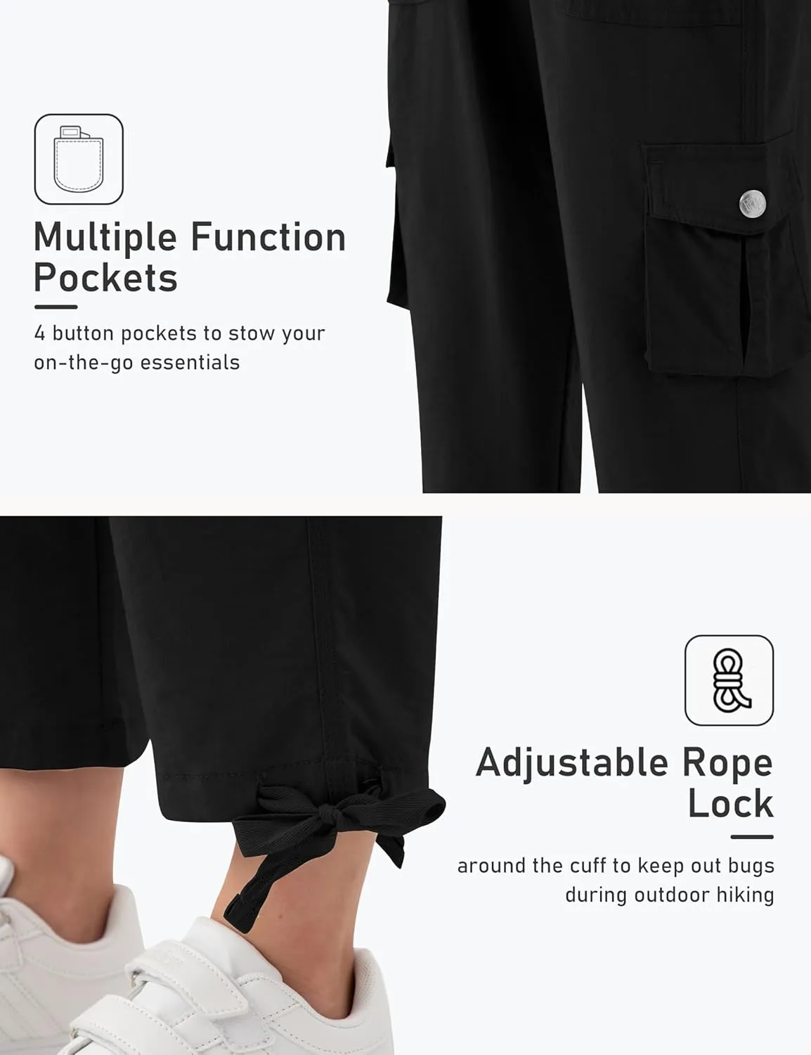 MoFiz Girls Cargo Capris Hiking Pants Lightweight Quick Dry Outdoor Athletic Travel Casual Loose Comfy Cute Pockets
