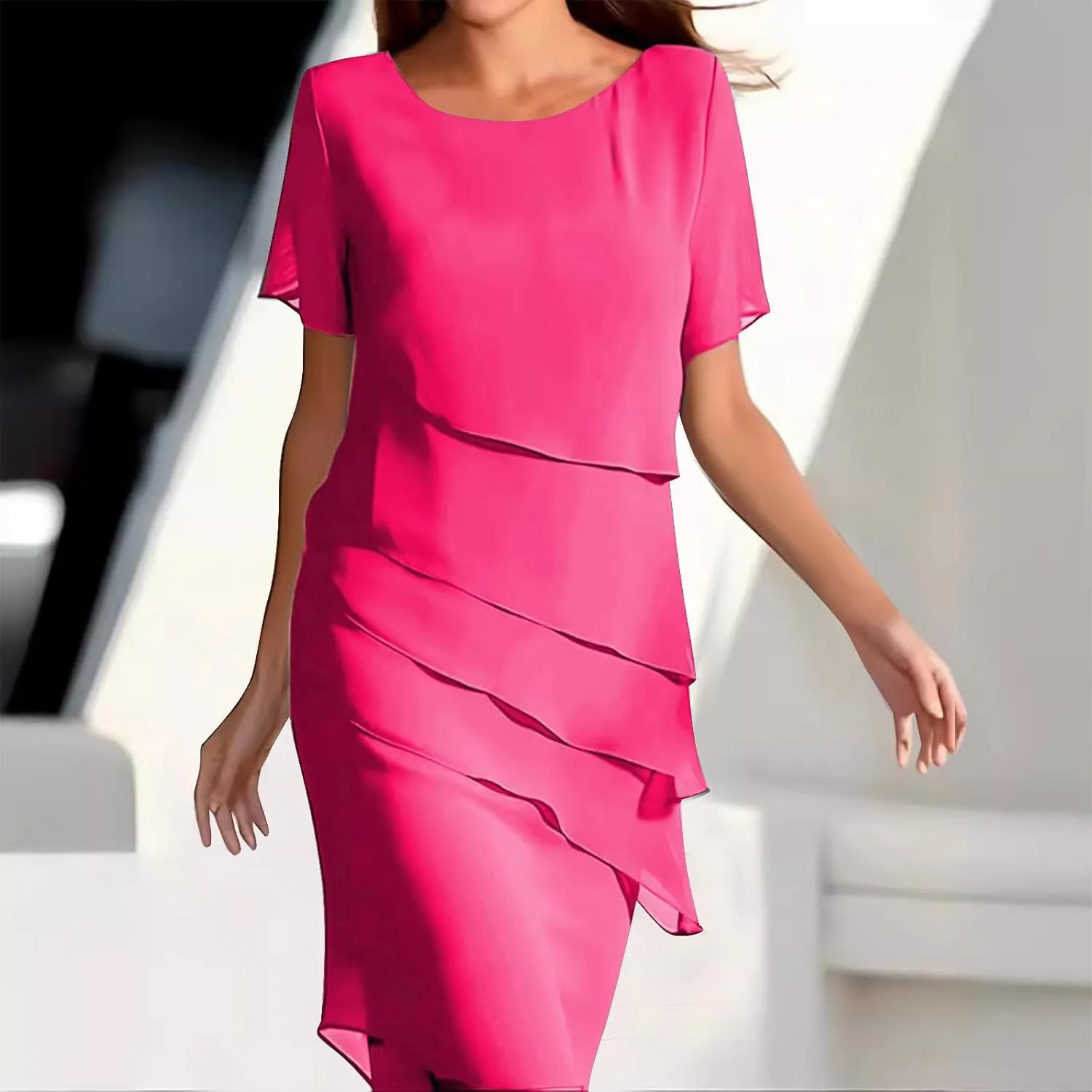 Mother of The Bride Dress for Wedding Summer Flowy Tiered Chiffon Ruffle Midi Evening Gown Mother Groom Dresses