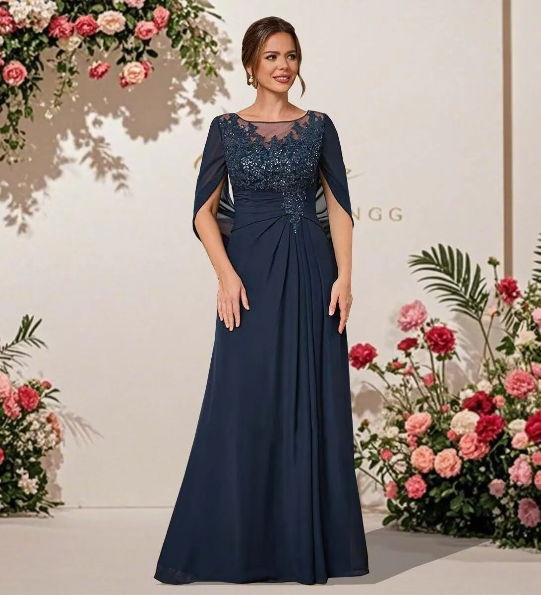 Mother of The Bride Dresses for Wedding with Cape Long Lace Appliques Formal Dresses Chiffon Evening Gowns