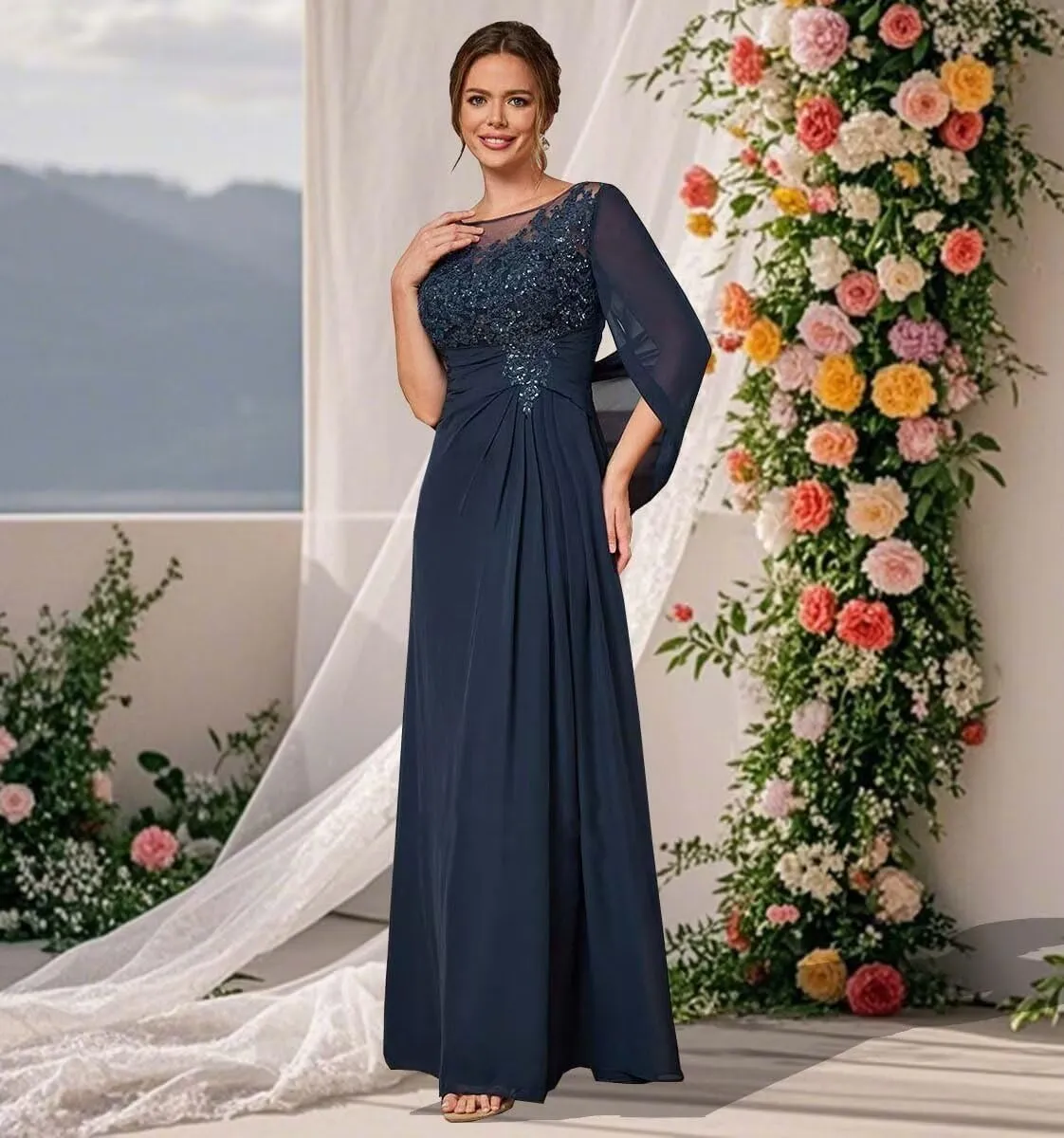 Mother of The Bride Dresses for Wedding with Cape Long Lace Appliques Formal Dresses Chiffon Evening Gowns