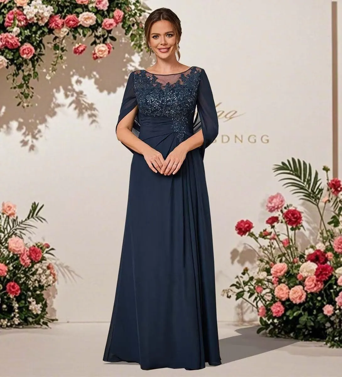 Mother of The Bride Dresses for Wedding with Cape Long Lace Appliques Formal Dresses Chiffon Evening Gowns