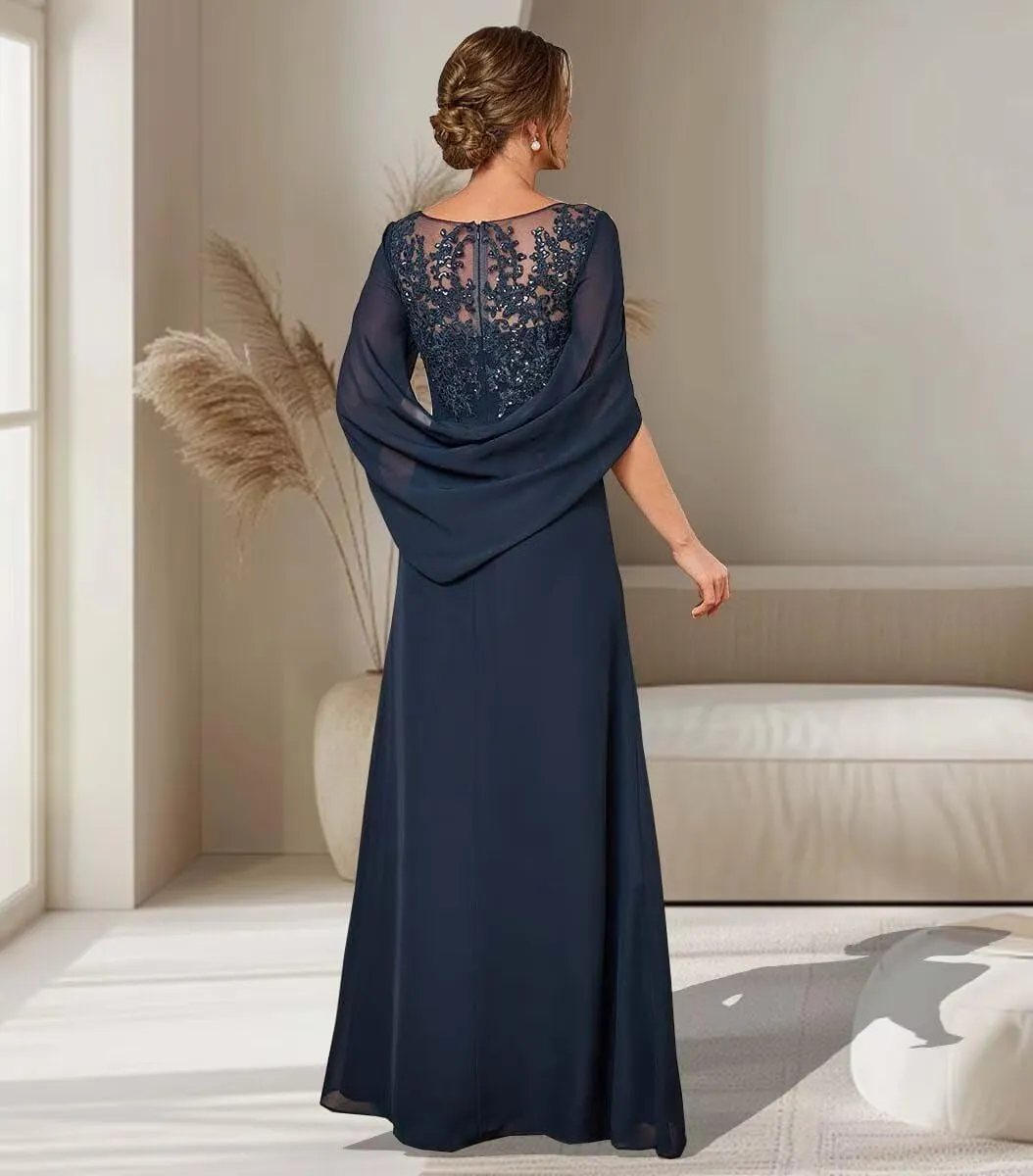 Mother of The Bride Dresses for Wedding with Cape Long Lace Appliques Formal Dresses Chiffon Evening Gowns
