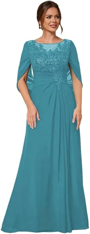 Mother of The Bride Dresses for Wedding with Cape Long Lace Appliques Formal Dresses Chiffon Evening Gowns
