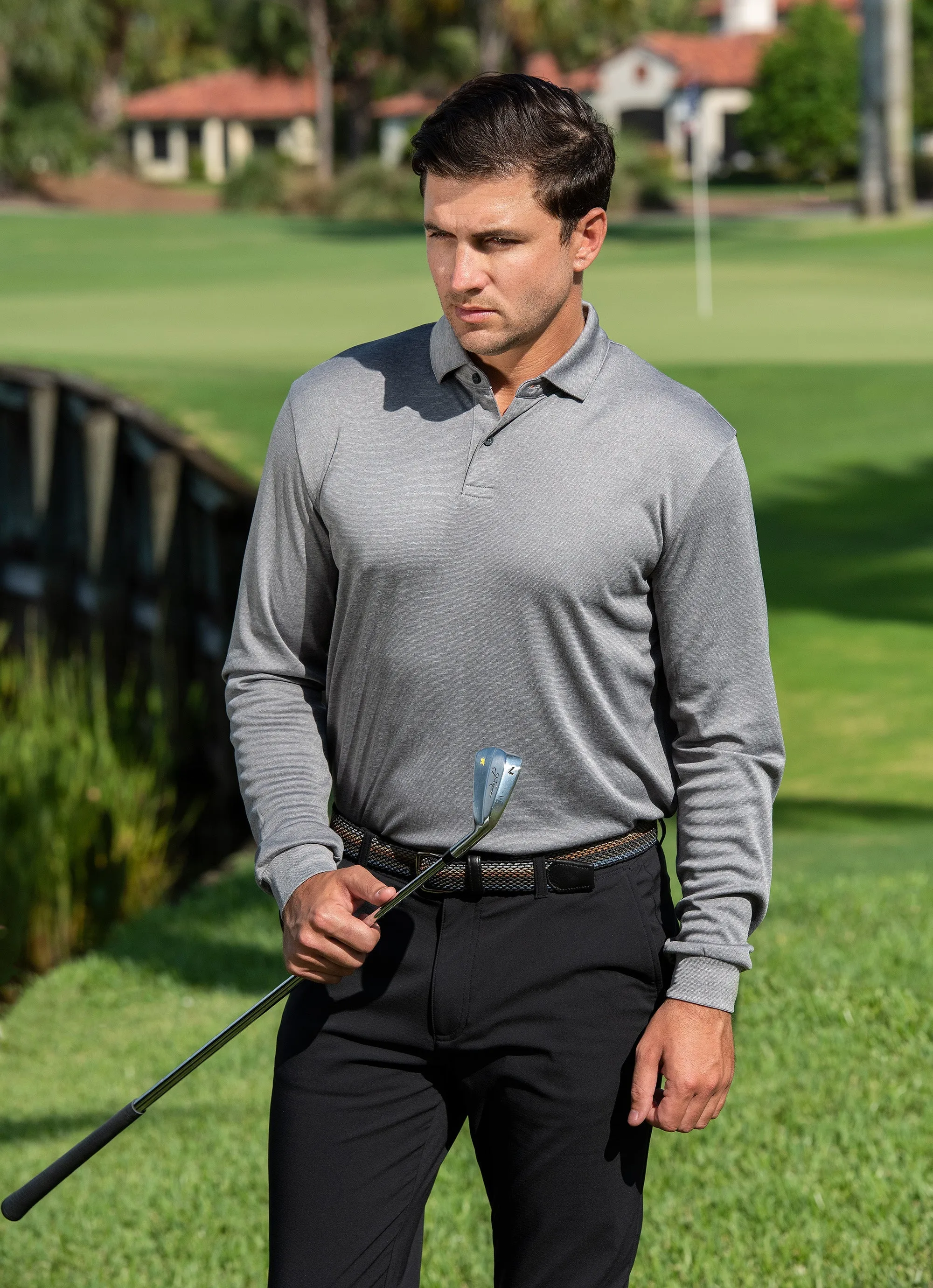Nicklaus Heather Fine Stripe Long-Sleeve Polo