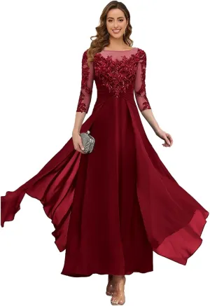 OFEECHUN Women's Lace Applique Mother of The Bride Dresses Long 3/4 Sleeve Chiffon Evening Formal Party Gowns