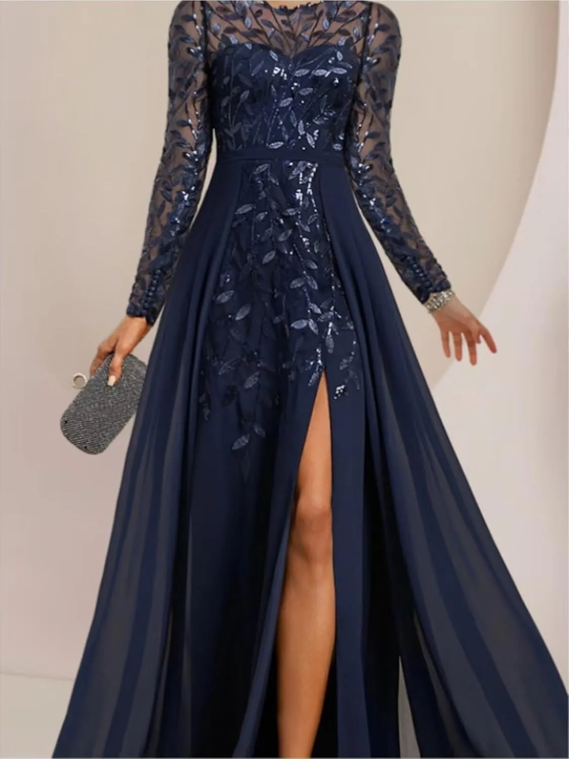 OFEYCHUN Long Sleeve Mother of The Bride Dresses Chiffon Sequin Wedding Guest Dress with Slit Lace Empire Waist Formal Dress