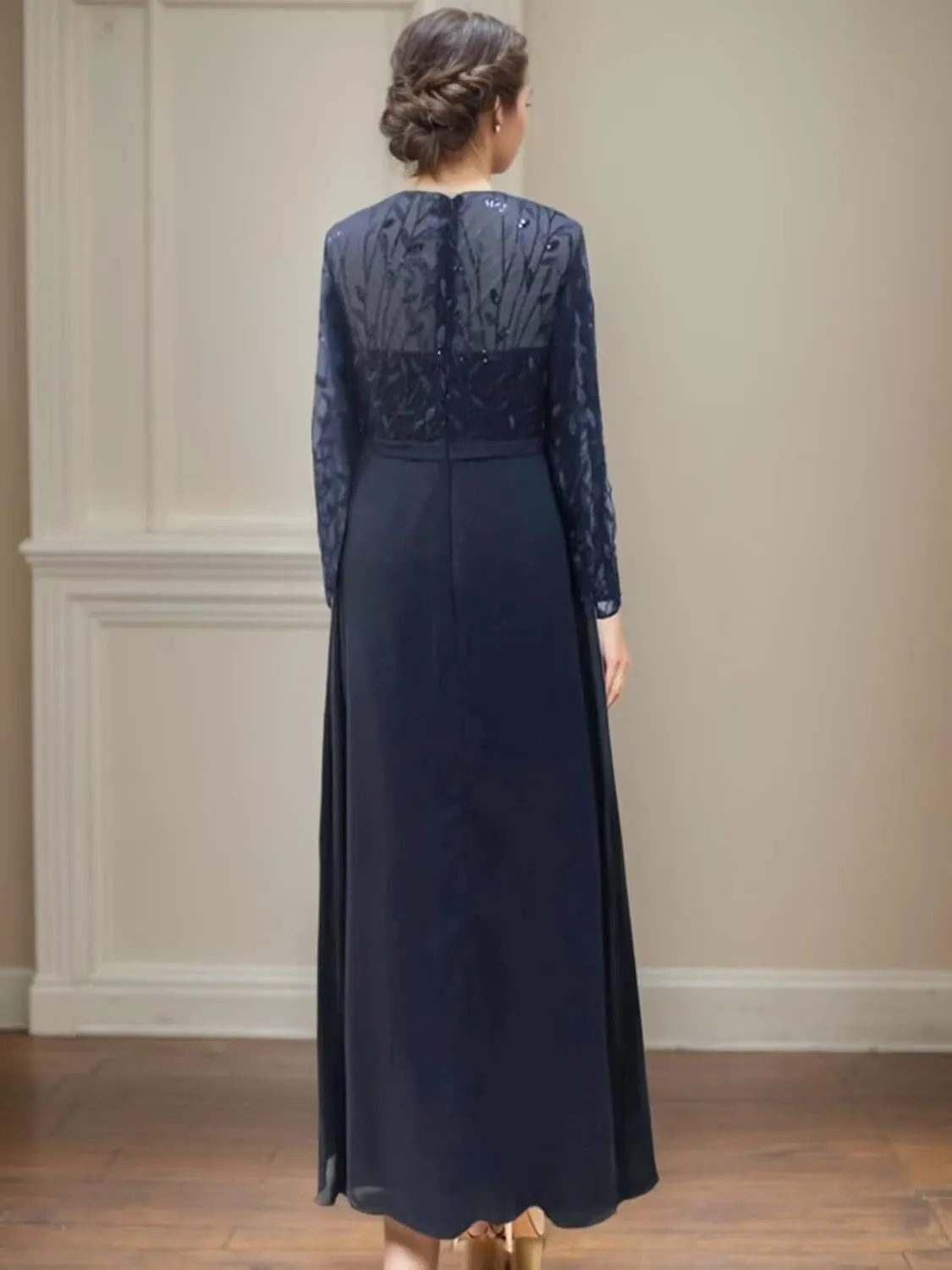 OFEYCHUN Long Sleeve Mother of The Bride Dresses Chiffon Sequin Wedding Guest Dress with Slit Lace Empire Waist Formal Dress
