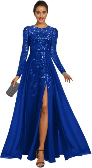 OFEYCHUN Long Sleeve Mother of The Bride Dresses Chiffon Sequin Wedding Guest Dress with Slit Lace Empire Waist Formal Dress