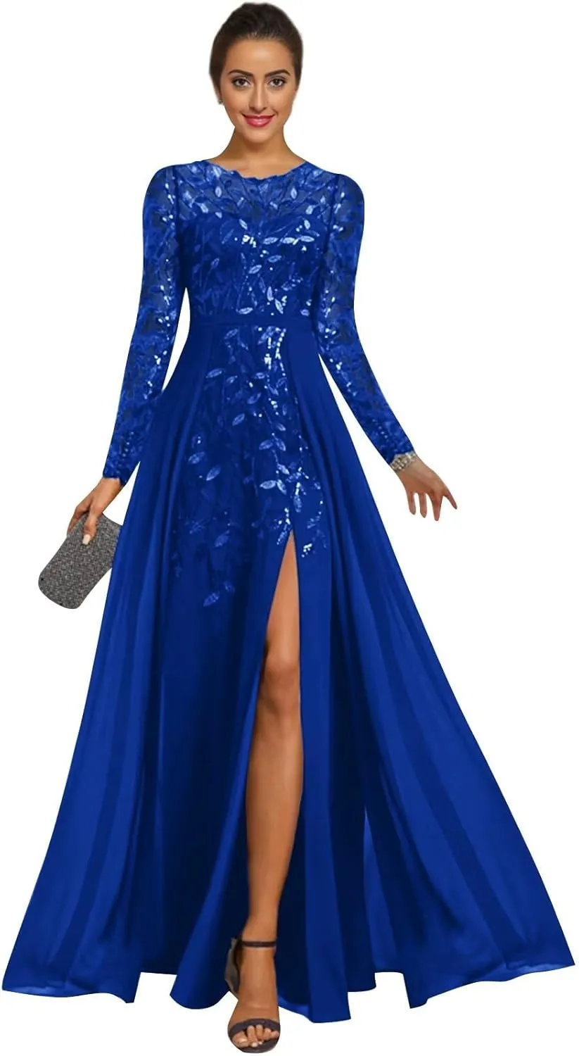 OFEYCHUN Long Sleeve Mother of The Bride Dresses Chiffon Sequin Wedding Guest Dress with Slit Lace Empire Waist Formal Dress