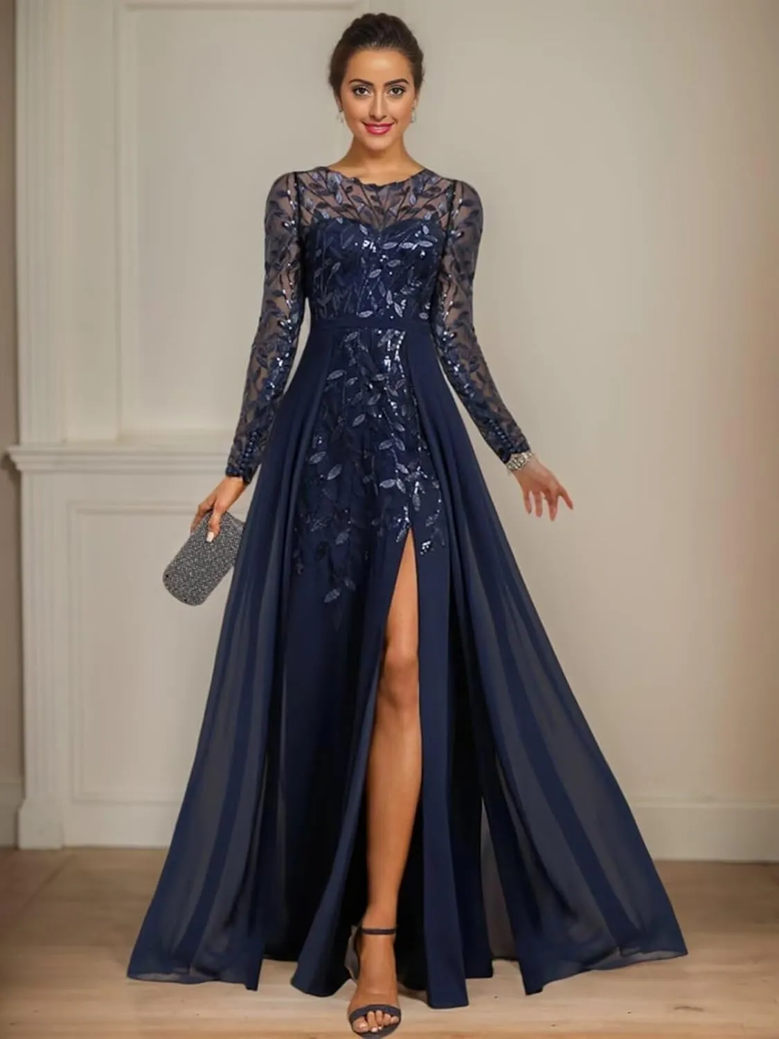 OFEYCHUN Long Sleeve Mother of The Bride Dresses Chiffon Sequin Wedding Guest Dress with Slit Lace Empire Waist Formal Dress