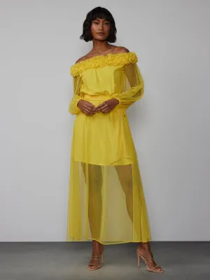 Off Shoulder Mesh Rosette Maxi Dress