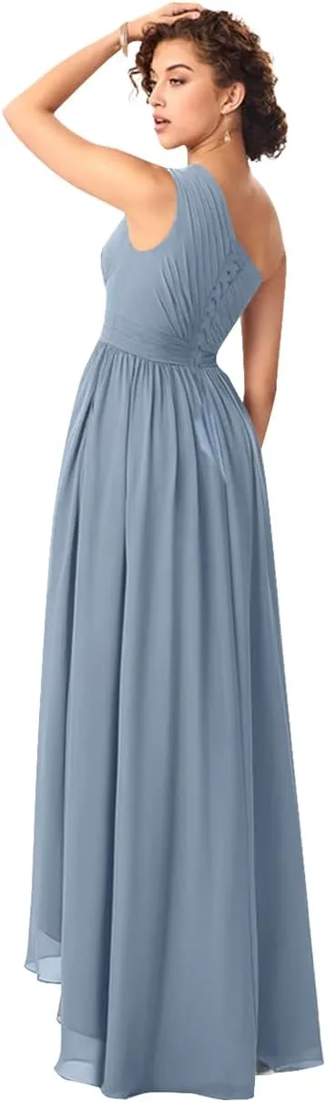 One Shoulder Bridesmaid Dresses for Women High Low Chiffon Ruched Evening Formal Party Prom Gowns with Pockets