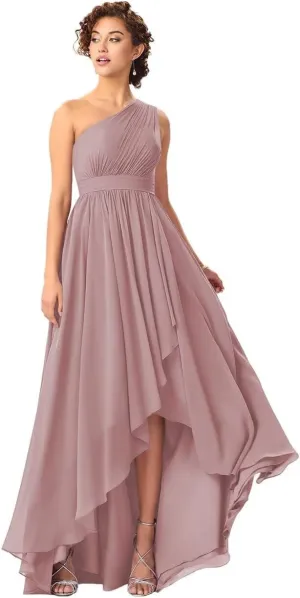One Shoulder Bridesmaid Dresses for Women High Low Chiffon Ruched Evening Formal Party Prom Gowns with Pockets