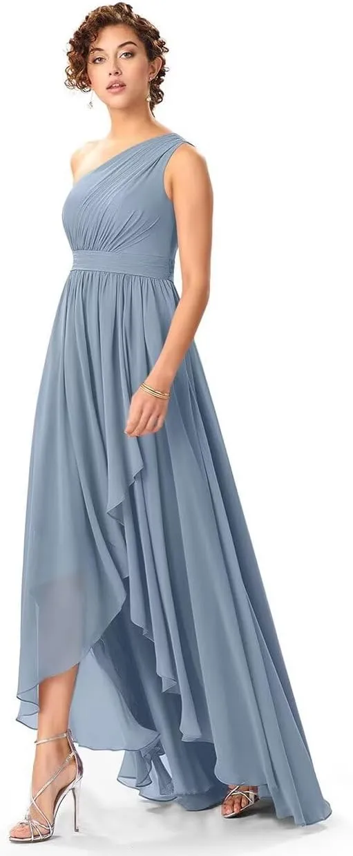 One Shoulder Bridesmaid Dresses for Women High Low Chiffon Ruched Evening Formal Party Prom Gowns with Pockets