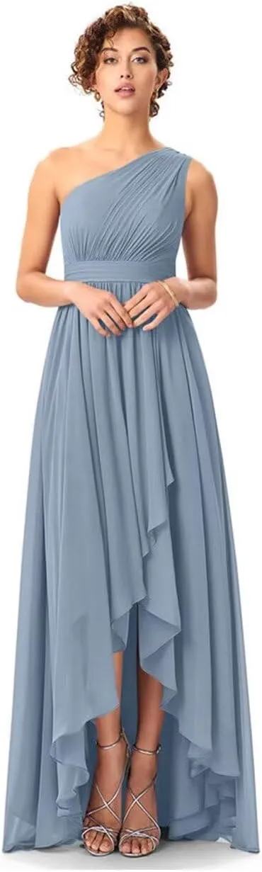 One Shoulder Bridesmaid Dresses for Women High Low Chiffon Ruched Evening Formal Party Prom Gowns with Pockets