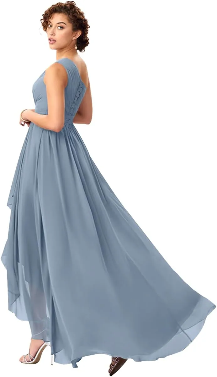 One Shoulder Bridesmaid Dresses for Women High Low Chiffon Ruched Evening Formal Party Prom Gowns with Pockets