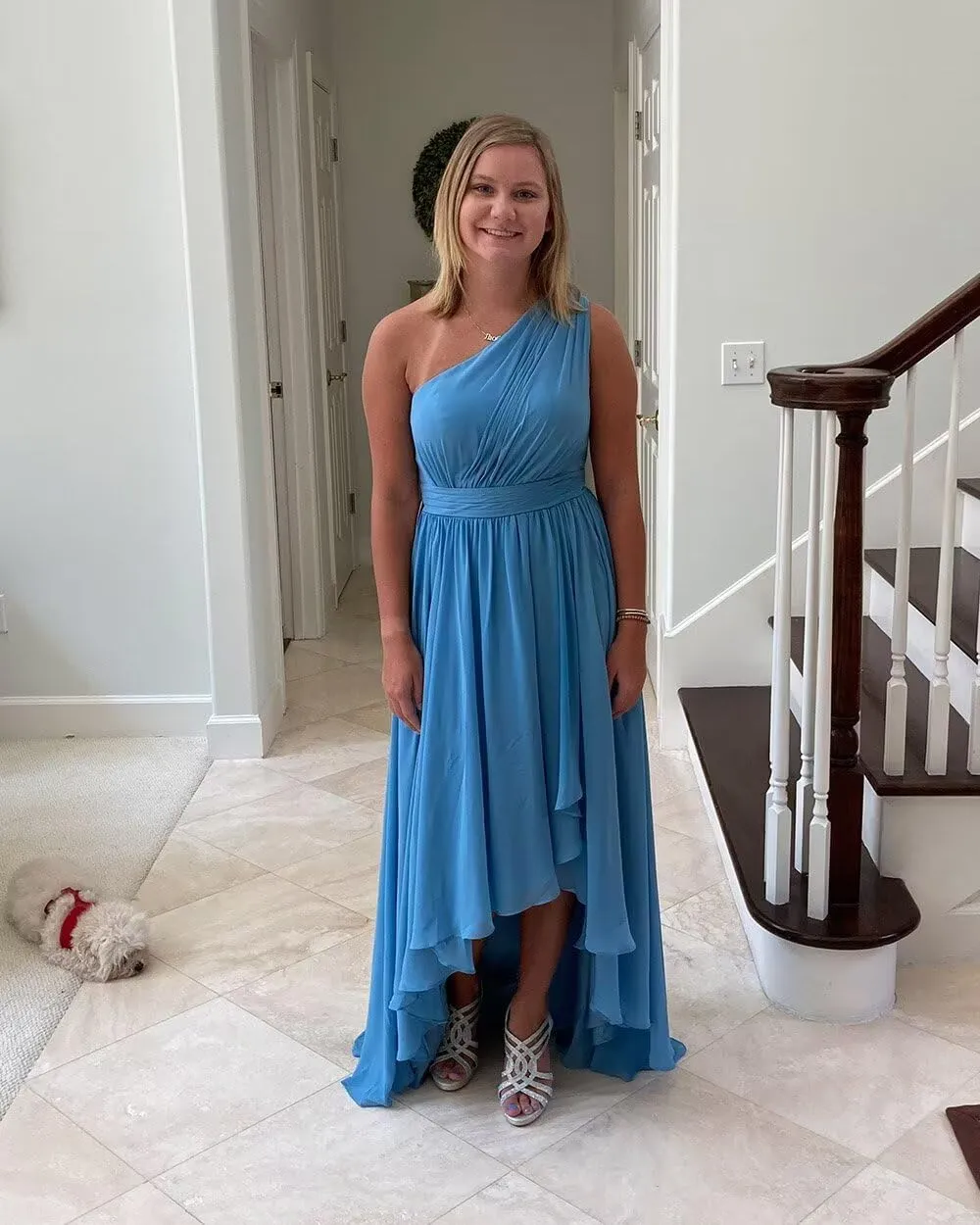 One Shoulder Bridesmaid Dresses for Women High Low Chiffon Ruched Evening Formal Party Prom Gowns with Pockets