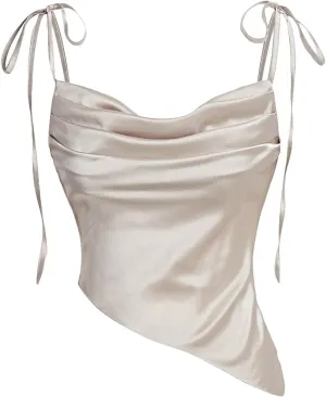 OYOANGLE Women's Tie Shoulder Cowl Neck Draped Front Satin Cami Top Asymmetrical Hem Elegant Camisole