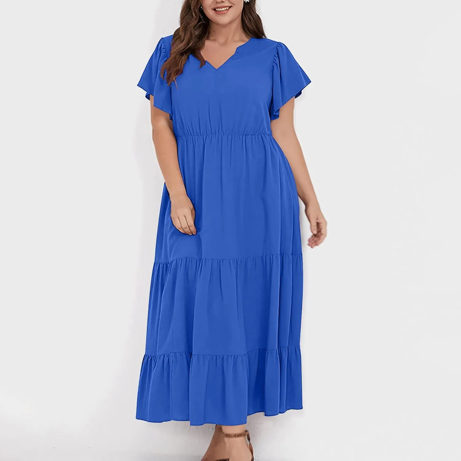 Plus Size Dress for Women V Neck Ruffle Short Sleeve Summer Casual Tiered Sundress Sleeveless with Pockets