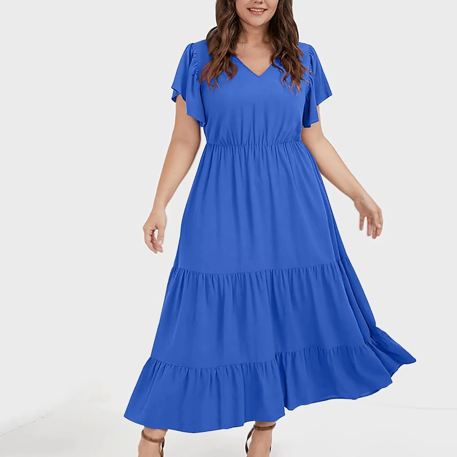 Plus Size Dress for Women V Neck Ruffle Short Sleeve Summer Casual Tiered Sundress Sleeveless with Pockets