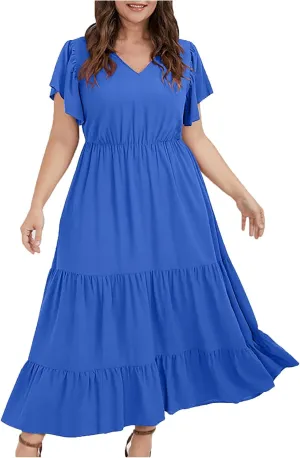 Plus Size Dress for Women V Neck Ruffle Short Sleeve Summer Casual Tiered Sundress Sleeveless with Pockets