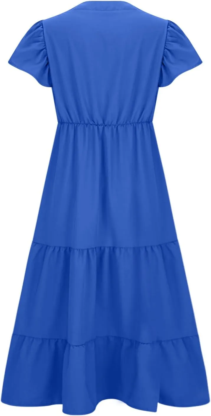 Plus Size Dress for Women V Neck Ruffle Short Sleeve Summer Casual Tiered Sundress Sleeveless with Pockets