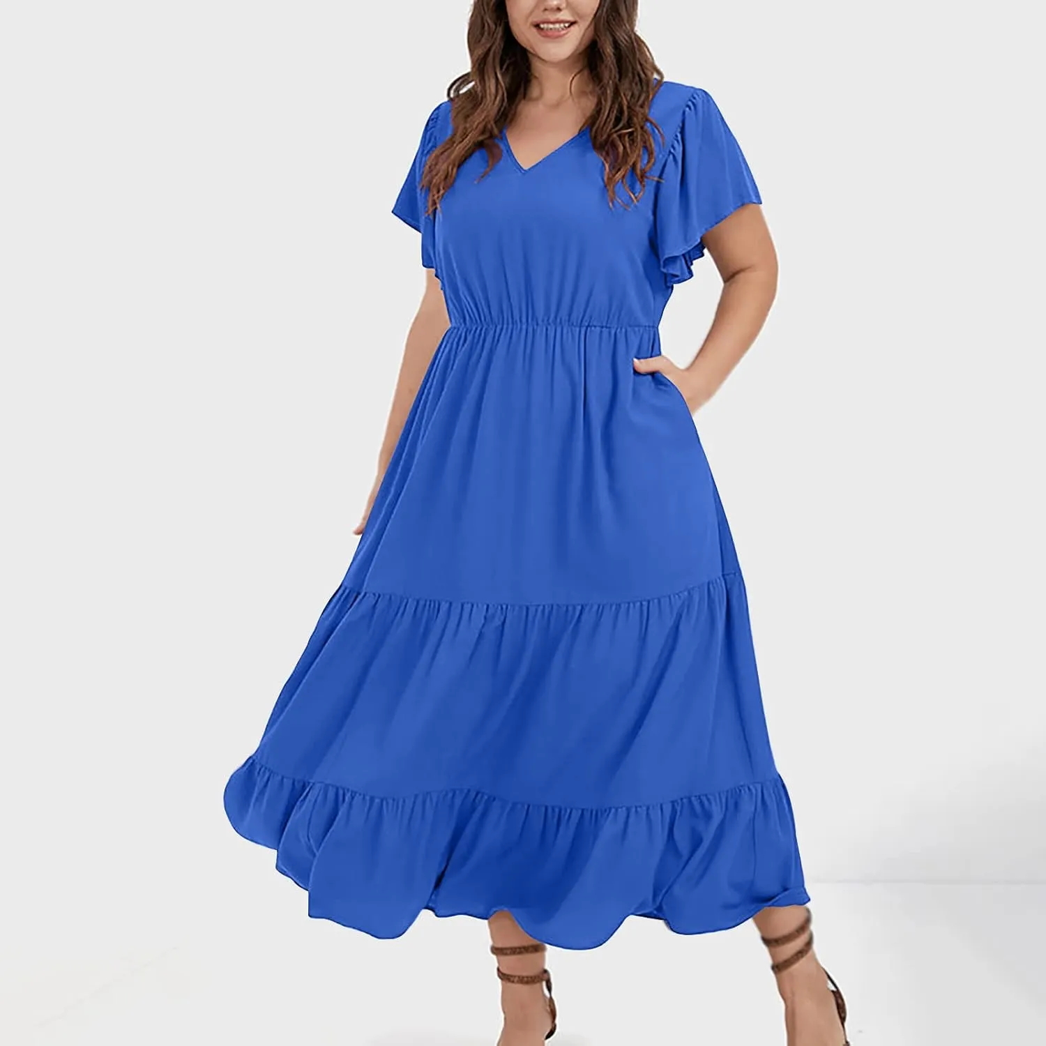 Plus Size Dress for Women V Neck Ruffle Short Sleeve Summer Casual Tiered Sundress Sleeveless with Pockets