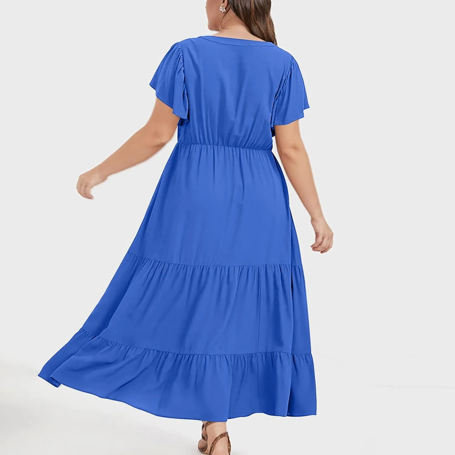 Plus Size Dress for Women V Neck Ruffle Short Sleeve Summer Casual Tiered Sundress Sleeveless with Pockets